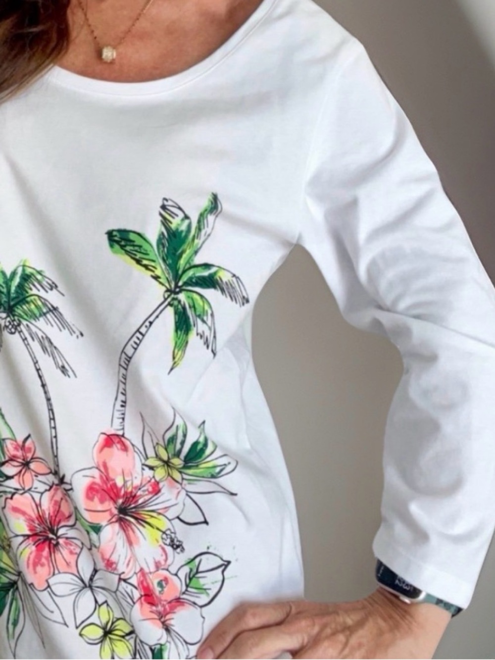 White Floral Palm-Print Long-Sleeve Top size L large